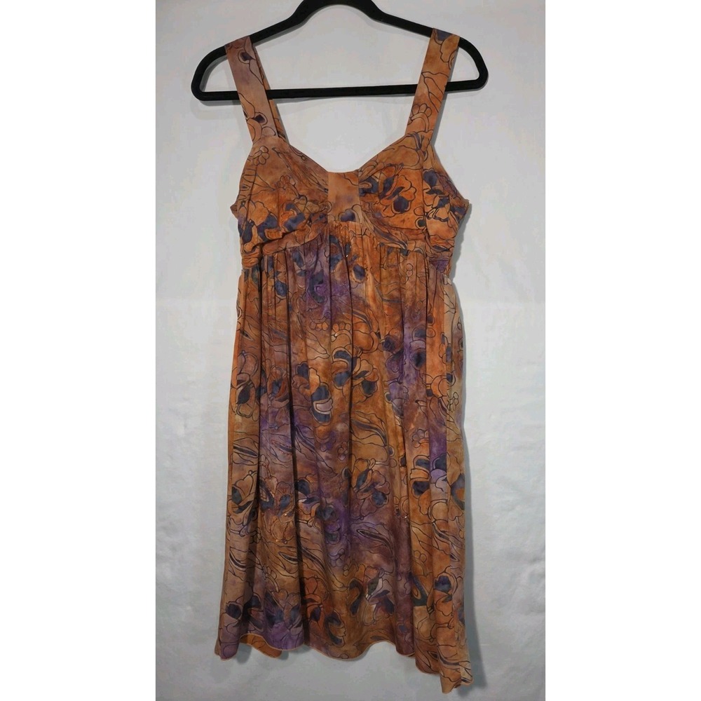 Bali Batiks Hand Painted Dress Women M‎ Orange Purple Beaded Rayon Mini Resort